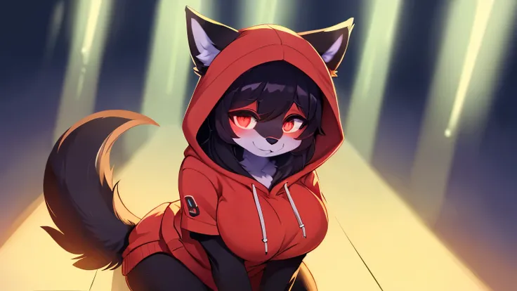 1girl, furry, black fur, ultra cute face, red elements on fur, glowing hoodie, beautiful lights and shadows, ambient light, ultra detailed fur, volumetric light, (thick thighs:0.5), tail, (furry breast:1),
