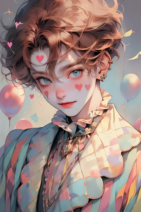 1boy, masterpiece, detailed,  ((detailed eyeoonlight, pastel, short hair, formal clothes(18th century male clothes), looking at viewer, carnival, ((brown hair)), pastel blue and purple colors, Portraits with focus on the upper Body, no earing, heart on che...