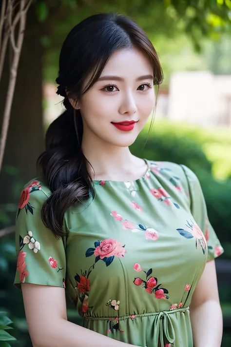 Draw lips correctly, red lipstick, from chest up, best quality, Super detailed, lifelike, Super fine skin, perfect anatomy, (1 日本Mature的女人), (alone)，Wear a floral green high-end round neck dress，short sleeve，wavy long hair，27-year-old woman，Mature，charming...