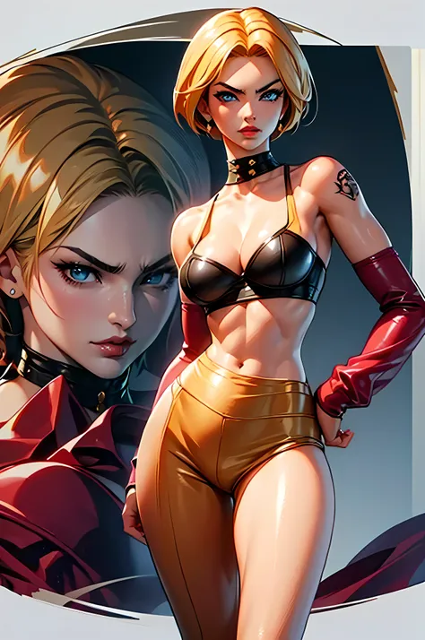 Megan Fox como el personaje King del juego The King of Fighters. imagen detallada, El rostro perfecto de Megan Fox, Calidad de imagen Full HD, muy sexy, 4k, un retrato de personaje de KOF, cabello corto rubio, neogeo, arte oficial, booru, dynamic pose, Exp...