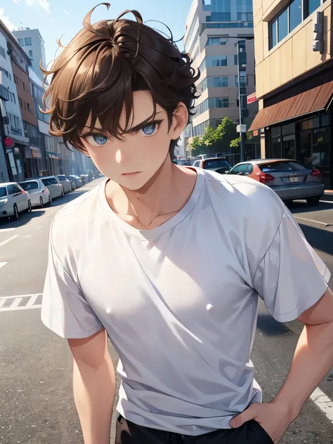 1boy,guy,blue eyes, Standing in the city, angry expression,18 years old,Curly hair,medium hair,undercut hairstyle,light brown hair,Plain t-shirt, white t-shirt,black trousers,ultra detail, perfect face, hd face, detailed face, masterpiece 