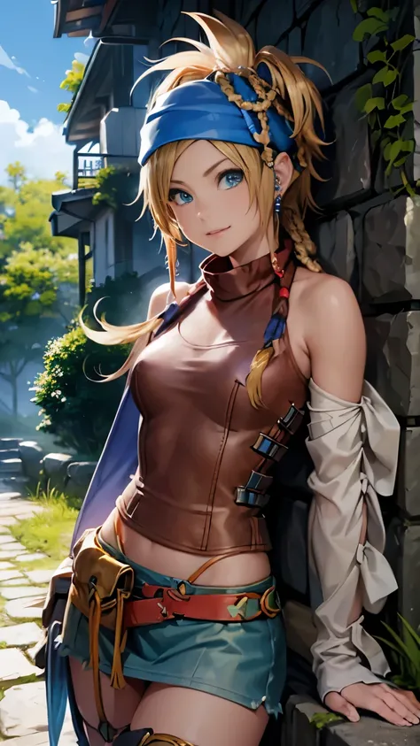 Rikku, the vibrant and lively Vygasian heroine from Final Fantasy X-2, is depicted in this stunning image. She sits confidently on an old stone wall, with one leg crossed over the other, exuding an aura of strength and determination. A gentle breeze playfu...