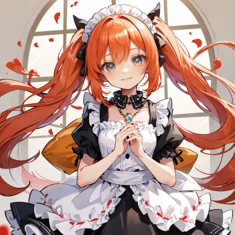 Maid clothes. she has a beautiful face and a bright personality、colorful eyes. I see a magical light shining around her.、Detail view. bright colors. High resolution、orange hair、Red Gemstone Necklace、Short twin tails、cute smile