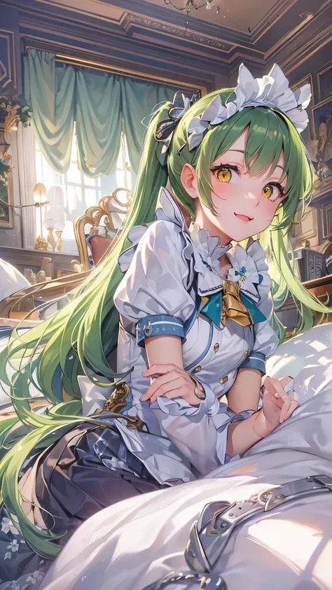 perfect anatomy, masterpiece:1.2, best quality, 8k, beautiful detailed grow, daydreaming expression, (((;3))), frontal (solo ponytail green hair long hair divine cute girl, 14 yo, detailed yellow eyes), smile open mouth, in a maid uniform, break, in the en...