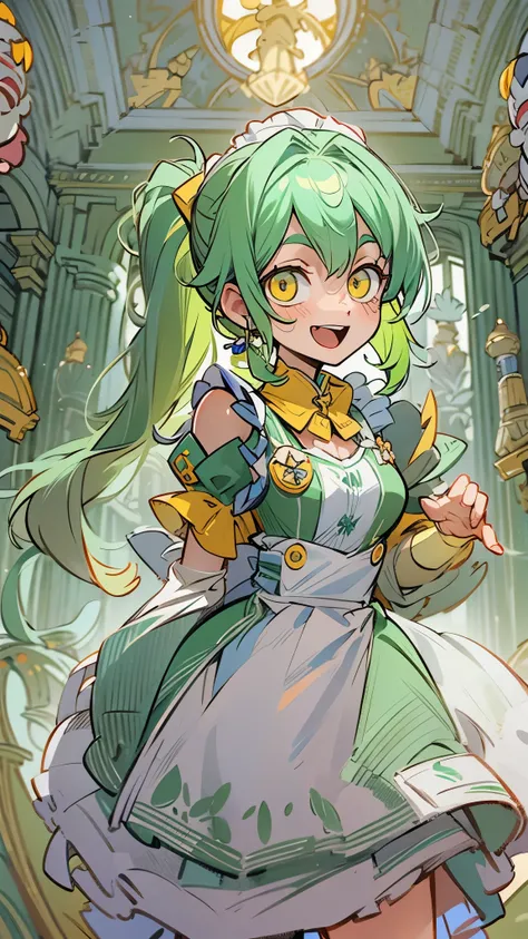 perfect anatomy, masterpiece:1.2, best quality, 8k, beautiful detailed grow, daydreaming expression, frontal (solo ponytail green hair long hair divine cute girl, 14 yo, detailed yellow eyes), smile open mouth, in a maid uniform, break, in the enchanted ro...