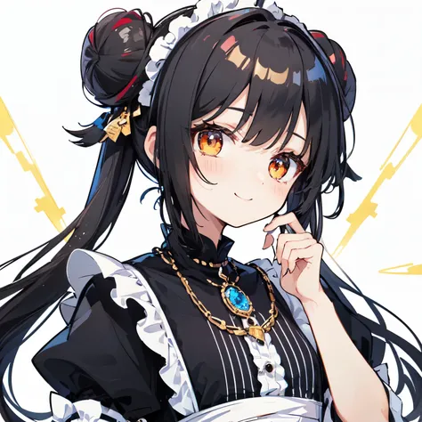 Maid clothes. she has a beautiful face and a bright personality、golden eyes. I see a magical light shining around her.、Detail view. bright colors. High resolution.Red Highlights、black hair、Red Gemstone Necklace、small bun hair、cute smile