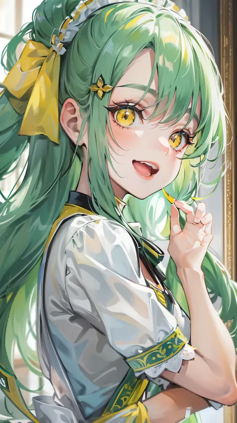 perfect anatomy, masterpiece:1.2, best quality, 8k, beautiful detailed grow, daydreaming expression, (((;3))), frontal (solo ponytail green hair long hair divine cute girl, 14 yo, detailed yellow eyes), smile open mouth, in a maid uniform, break, in the en...