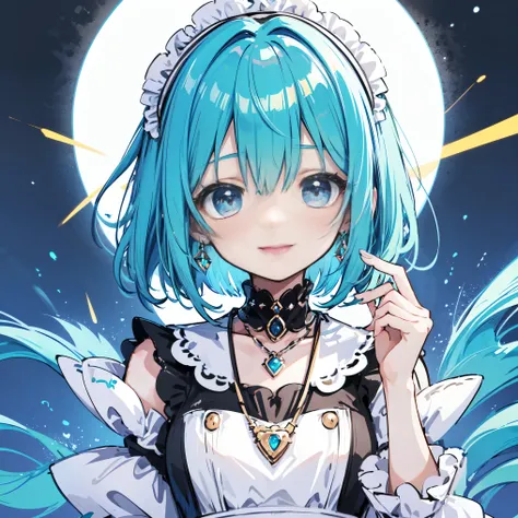 Maid clothes. she has a beautiful face and a bright personality、colorful eyes. I see a magical light shining around her.、Detail view. bright colors. High resolution、Two-tone hair、jewelry necklace、short hair、cute smile、Upper body