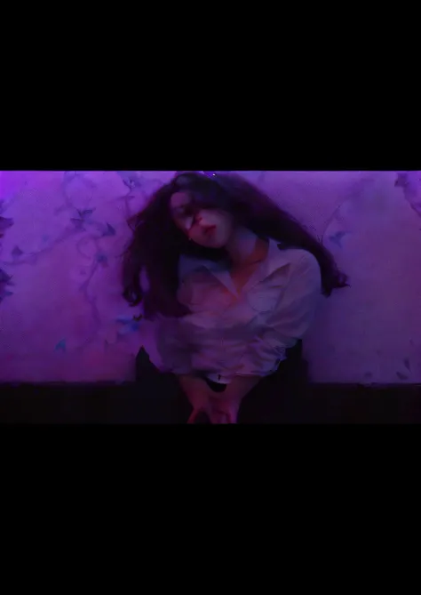 woman in a white shirt and black pants standing in front of a wall, still from a music video, cynthwave, photo from a promo shoot, purple - tinted, foilage, leaves, amidst nature, vines wrapping around body, vines emerging, leafy vines