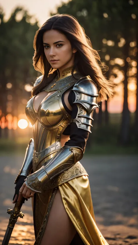 (masterpiece), (extremely intricate:1.3), (realistic), full body girl, the most beautiful in the world, (metal medieval armor), metal reflections, golden sword, outdoors, intense sunlight, far away castle, professional photograph of a stunning woman detail...