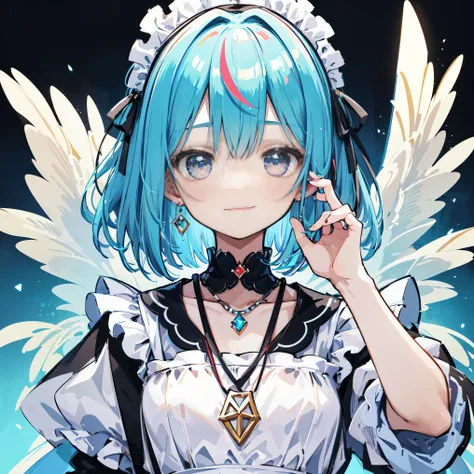 Maid clothes. she has a beautiful face and a bright personality、colorful eyes. I see a magical light shining around her.、Detail view. bright colors. High resolution、Two-tone hair、jewelry necklace、short hair、cute smile、Upper body