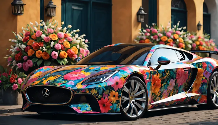 car with floral pattern, bright colors, High quality details, glossy finish, 4K resolution, bright lights, elegant design, Luxurious appearance, Flowers blend seamlessly with the car body, intricate floral pattern, Professional-grade artwork, realistic dep...