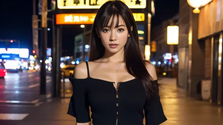 highest quality, table top, ultra high resolution, (Photoreal: 1.4), Front view, Half body, famous japanese actress, revealing clothing, very beautiful woman, cute, Cinematic 35mm lens, f/1 .8, 上Half bodyショット, City of night