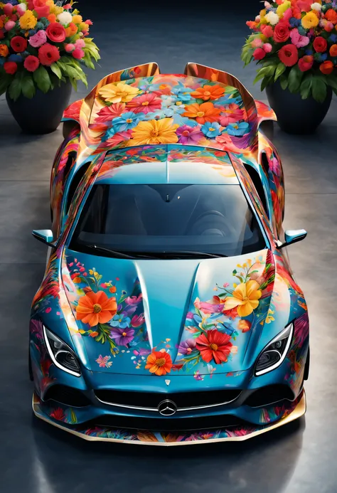 car with floral pattern, bright colors, High quality details, glossy finish, 4K resolution, bright lights, elegant design, Luxurious appearance, Flowers blend seamlessly with the car body, intricate floral pattern, Professional-grade artwork, realistic dep...