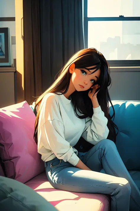 Pensive woman sitting on sofa in bright living room,  front view of girl anime woman, realistic mature woman, illustration, Anime girl looks out the window., realistic art style, Realistic anime art style, Realistic anime art style, Ilya Kuvshinov with lon...