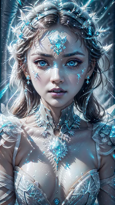 dressed, (details of a very beautiful face)(best quality:1.4)16k resolution,(photo realistic:1.65), (realistic:1.65), 16k, (1girl:1.4) 21years old、((ancient ice priestess:1.3))、(((pillar of neon cold light from the sky:1.4))), (Increase quality:1.3), (best...