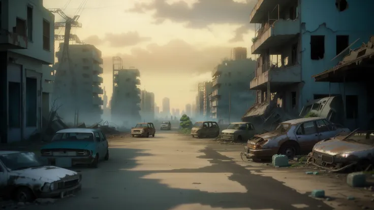 rural, background animation, cityscape, ghibli style, makoto shinkai, arafed city street with a car and a truck in the middle of it, destroyed city in the background, ruined town, post - apocalyptic city streets, destroyed city, post apocalyptic street, ru...