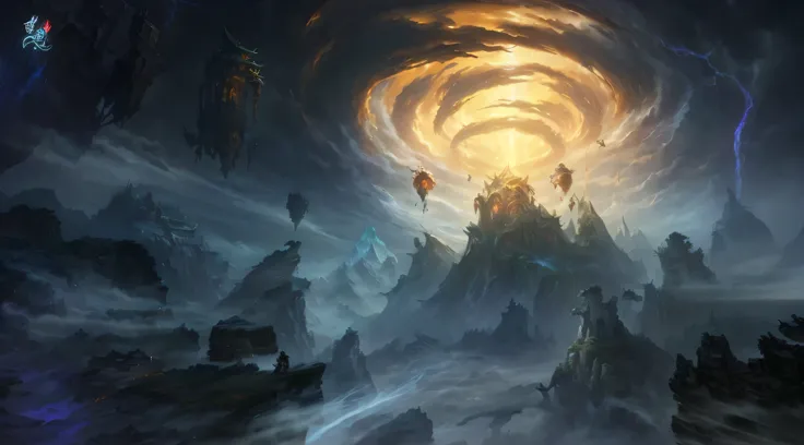 There is a painting of a mountain，There is a huge spiral on it, epic fantasy数字艺术 style, League of Legends Concept Art, dramatic concept art, epic fantasy艺术作品, wide angle fantasy art, epic fantasy科幻插画, epic fantasy, Fantasy Epic Digital Art, High quality di...