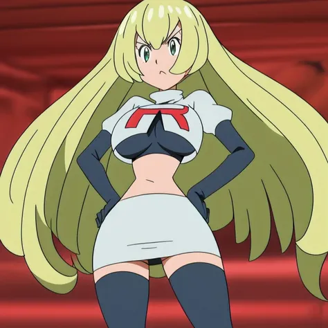 8k, anime screencap,1girl in, (solo:1.1), (perfect body:1.1), (best quality:1.1), very large breast, team rocket uniform, red letter r, white skirt,white crop top,black thigh-high boots, black elbow gloves, glaring angrily, looking down at viewer, hands on...