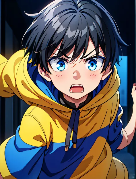 1boy, black hair, blue Eyes, wearing plain yellow Huddie, with a scared face, trying to run from someone, with no background, high res, ultrasharp, 8k, masterpiece