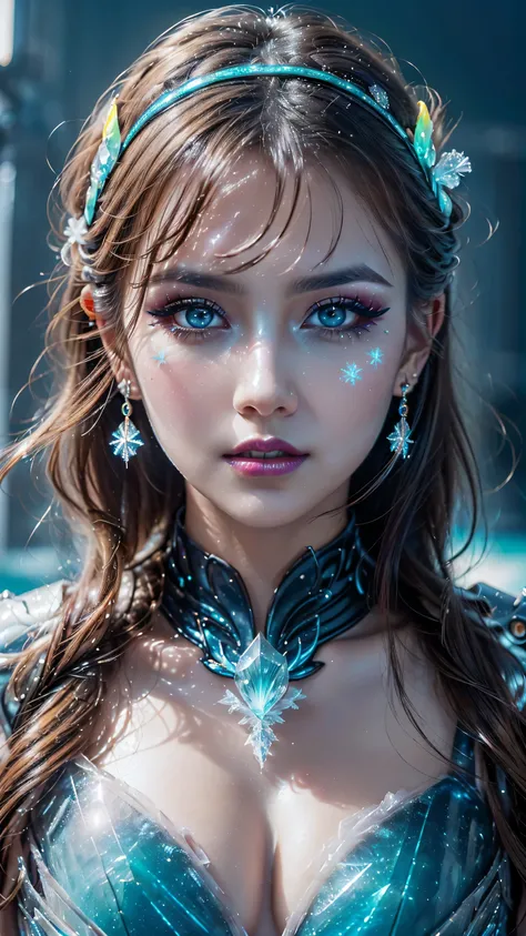 dressed, (details of a very beautiful face)(best quality:1.4)16k resolution,(photo realistic:1.65), (realistic:1.65), 16k, (1girl:1.4) 21years old、((ancient ice priestess:1.3))、(((pillar of neon cold light from the sky:1.4))), (Increase quality:1.3), (best...