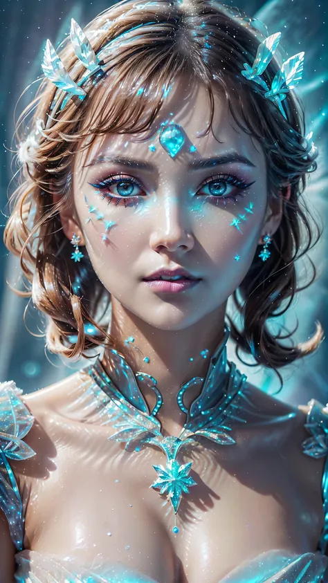 dressed, (details of a very beautiful face)(best quality:1.4)16k resolution,(photo realistic:1.65), (realistic:1.65), 16k, (1girl:1.4) 21years old、((ancient ice priestess:1.3))、(((pillar of neon cold light from the sky:1.4))), (Increase quality:1.3), (best...