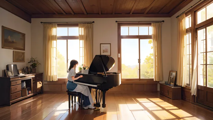 "Gentle sunlight shines into the room through the window..、Painting a scene where warm light falls on an old wooden piano。around the piano、Decorate with memorable photos and small plants、The whole room is filled with warmth and love。This image is、「Warm Mem...