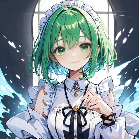 Maid clothes. she has a beautiful face and a bright personality、green eyes. I see a magical light shining around her.、Detail view. bright colors. High resolution.Red Highlights、green hair、jewelry necklace、short hair、cute smile