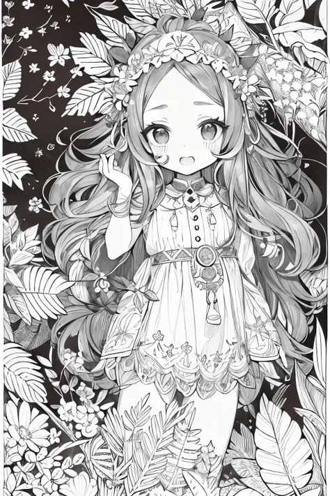 (A black and white coloring book:1.5),cute forest fairy,It has transparent feathers,simplification