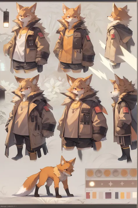 Shota the Fox，hairy，hairy，skin fur，golden fur，golden facial hair,blonde short straight hair，Eyes are bright，red eyes，brown elements on fur，brown coat brown hooded，white top，brown shorts，beautiful light and shadow，ambient light，superfine fur，Volumetric ligh...