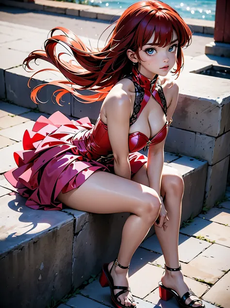 Garota Ruiva de anime em vestido lonho e corset pink, saia, 16 anos, corpo bonito, seios grandes, com as hands on chest, hands on chest, Garota sexy, red hair with braid, mechas de cabelo laterais, mechas de cabelo na lateral do rosto, beautiful lighting, ...