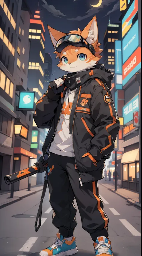 Background cyberpunk style mansion。the city that never sleeps，The color is more purple and blue。time:night，Character depiction:hairy，Cats，orange cat，exhibit，orange cat，There is a small scar on the left side of the forehead，Wear a cyberpunk jacket with ausp...