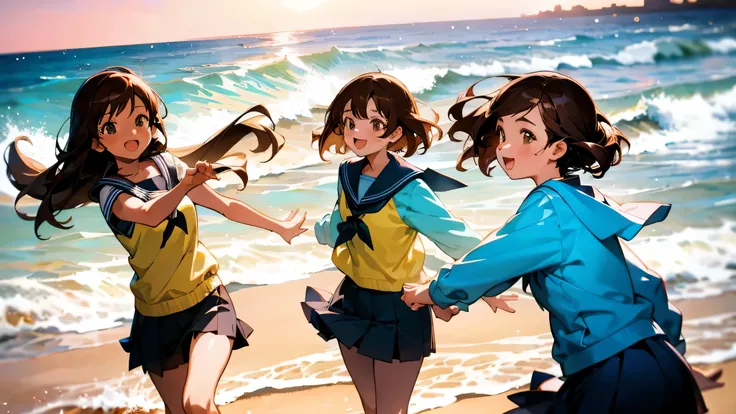 group of girls, 3 school girls, brown hair, beach scene, complex lighting, cinematic lighting, having fun, being cute, pastel lighting