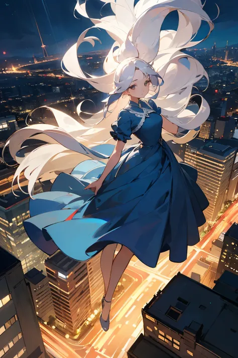 ((best quality)), ((masterpiece)), (detailed), Perfect body，a girl，Beautiful long white hair，full-body shot，8K，city streets，night view，Two dimensions，blue dress