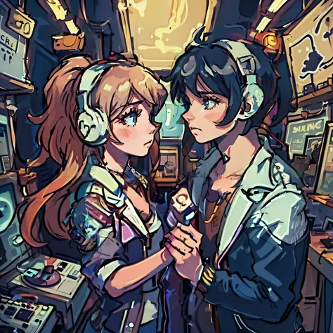 a boy and a girl are listening to music with headphones together in an old vinyl store, a room with a lot of singer poster, 80s style, with neon lights. The atmosphere is sad when the girl wanna break up.