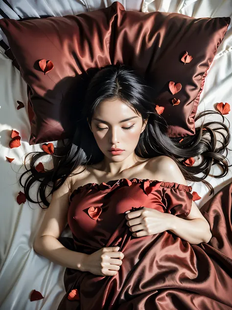 16k, masterpiece, photorealism, (PORTRAIT: 1,2), close-up, 1 girl lying in bed, (GIRL 25 YEARS OLD), hearts scattered everywhere, long dark hair, RED silk bed linen, (ALL RED SILK BED LINEN : 1,3), RED SILK, camera from above under the ceiling, soft shadow...