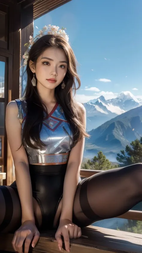 (background：The mountains are full of cherry blossoms，Mountains and fog)(whole body:1.5)，(1 Miao girl:1.3),(view viewer:1.4)，(anatomically correct:1.4),(Completely see-through pantyhose:1.3),(sit on the top of the mountain:1.2),(Wearing southwest ethnic mi...