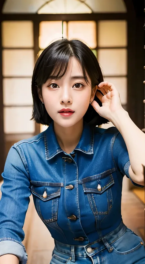 arafed woman in a denim jacket and black top posing for a picture, headshot profile picture, with round face, high quality portrait, 🤤 girl portrait, portait photo profile picture, profile image, young cute wan asian face, inspired by Kim Jeong-hui, inspir...