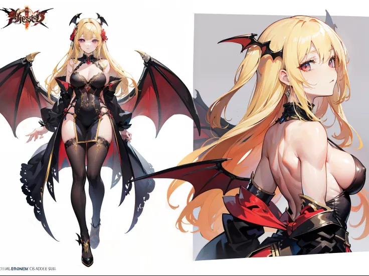 ((masterpiece, best quality)), woman,, Detailed face, character design sheet， full body details, full of details, body positivity, rear body view, Very detailed, depth, many parts, long blonde hair，Succubus。beautiful woman, muscular body, vampire costume c...