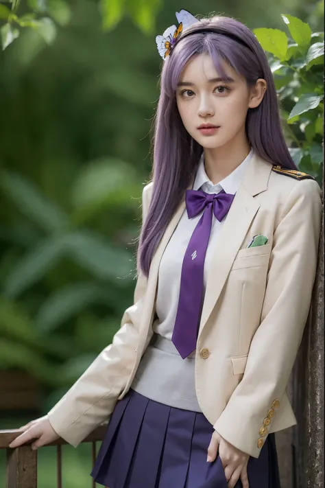 Masterpiece. Best quality. Solo. 1Girl. Light purple Hair. Purple eyes. Side-swept bangs. Beauty mark under left eye. Beauty mark under right eye. Butterfly wings where ears are located. Grey Uniform Blazer with Dark Green trims. White blouse. Red uniform ...