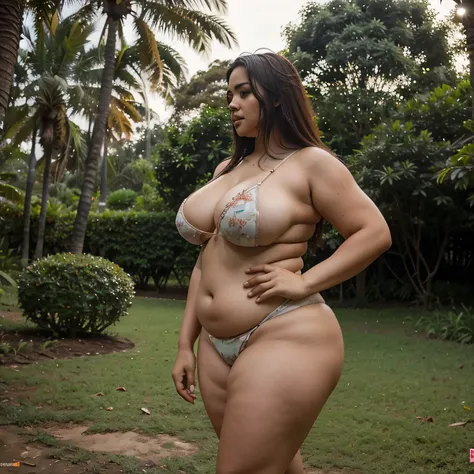 mulher latina, gordinha plus size, onze, 20 a 30 anos,   nua pelada, sem pelos, perna direita abertas, na floresta, , vista de por traz, Corpo todo