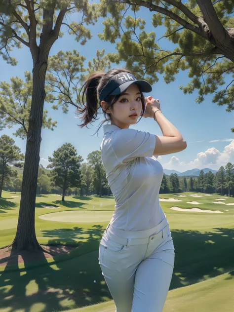 (8k, raw photos, top-quality, masterpiece:1.2), (photo realism, photorealsitic:1.3), sports magazine photography, a beautiful Korean woman in her 20s playing golf on a golf course, curvy body, golf swing, beige golf clothing, blue sky and trees, golf field...