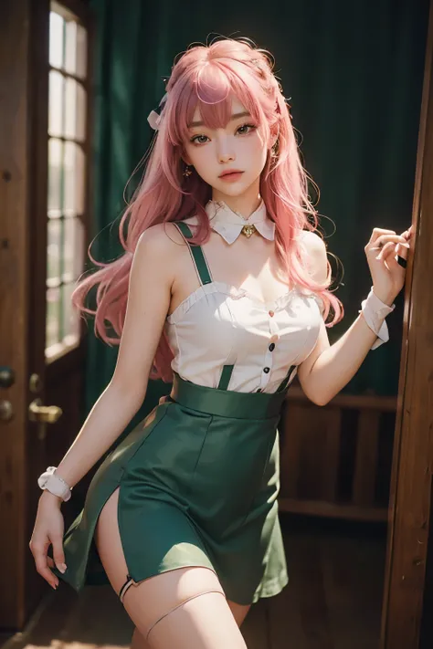 8k, 4k, best quality, high resolution: 1.2), （（Green suspender velvet dress：1.1）），(master level, actual, photorealism: 1.4), 1 girl, alone, green suspender skirt，pretty face, eyelash, nose, glossy lips，（whole body） (beautiful eyes, bystander, White skin, W...