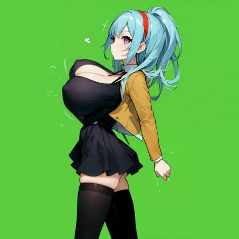 1 skinny girl, solo, light blue hair, side face, BREAK, red headband, BREAK, (dark purple eye:1.4), bending back, looking at viewer, BREAK, black plunging neckline short dress, dark yellow cropped jacket, black thighhighs, BREAK, (bouncing unaligned huge b...