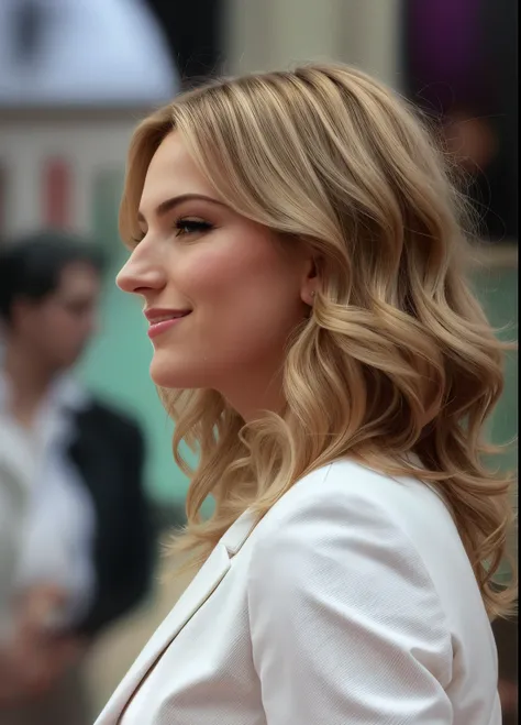 a close up of a woman with a white jacket and a crowd, genevieve gauckler, looking off to the side, looking to the side off camera, serena malyon, in profile, looking to the side, a left hand of a man is pinching her nose,taken in the late 2010s, mirka and...