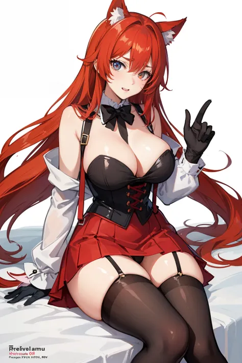 best qyality, perky tits, 8k, hdr, stocking suspenders, Anime girl with red hair and short skirt lying down, anime drawing inspired by Rei Kamoi, pixive, art process, high school DXD, Patreon content, DDLC, anime cover, seductive anime girl, Rias Gremory, ...