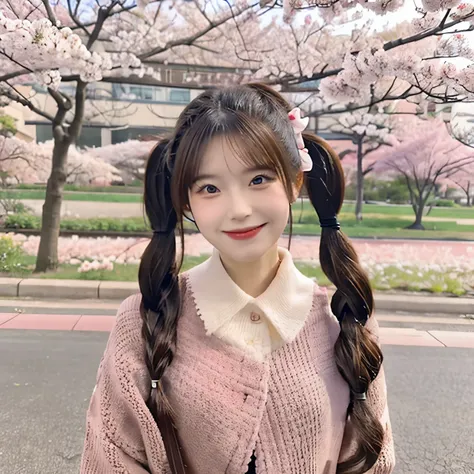 An adult lady with twin tails smiling against the backdrop of cherry blossom trees, full body