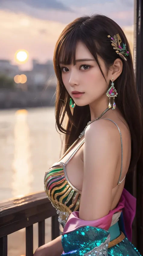 Masterpiece, 4K, bokeh, Photorealistic, high school girl sitting on the beach, (Japanese idle:1.6), Lightbrown long hair, Light brown eyes, Plump breast, Looking at the viewer, Blushed face, Close up, (Silver metallic dress), (Gemstones decoration:1.6, Col...