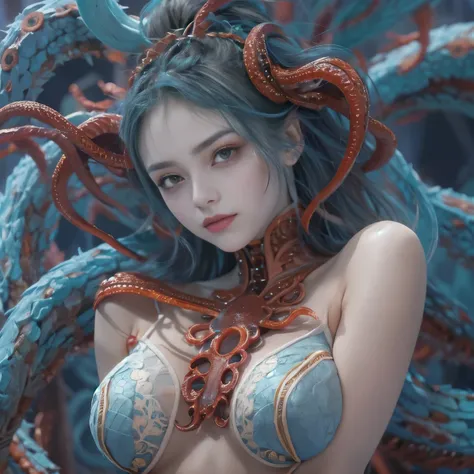 Female Alien, Beautiful face, seduces, red eyes, Full body like, A sexy, alien, No humans, an alien, cells are fused, Multiple hands, (Lots of blue tentacles) (blue skin:1.5), extraterrestrial, cell, bio image, charming, Best Quality, 8K,,4K_quality, high_...