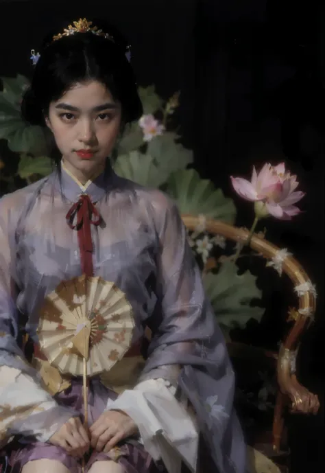 ultra high definition，8k pixels，8K,16K,Ultra-clear，best quality，masterpiece，（painting：1.6）Wearing purple Hanfu，Fide woman wearing gauze skirt sitting on wooden sculpture chair，wood carving chair，背后有lotus以及lotus leaf，lotus，lotus leaf，Holding a round fan, qu...